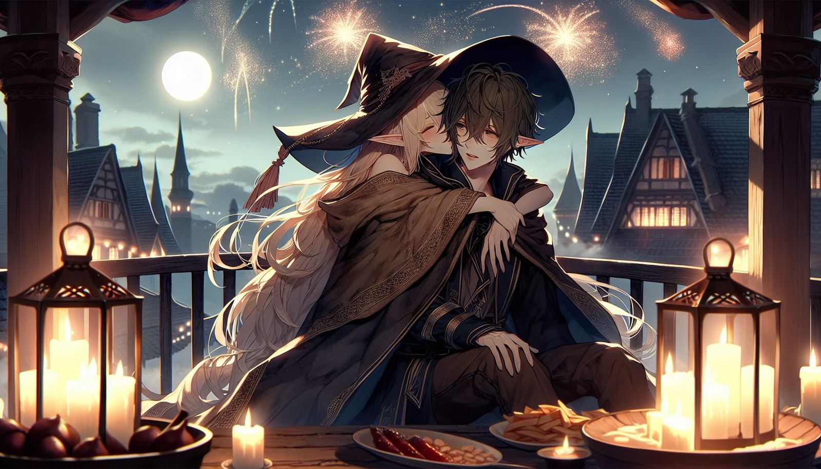 Romantic Elf Embrace in Anime Fireworks Scene