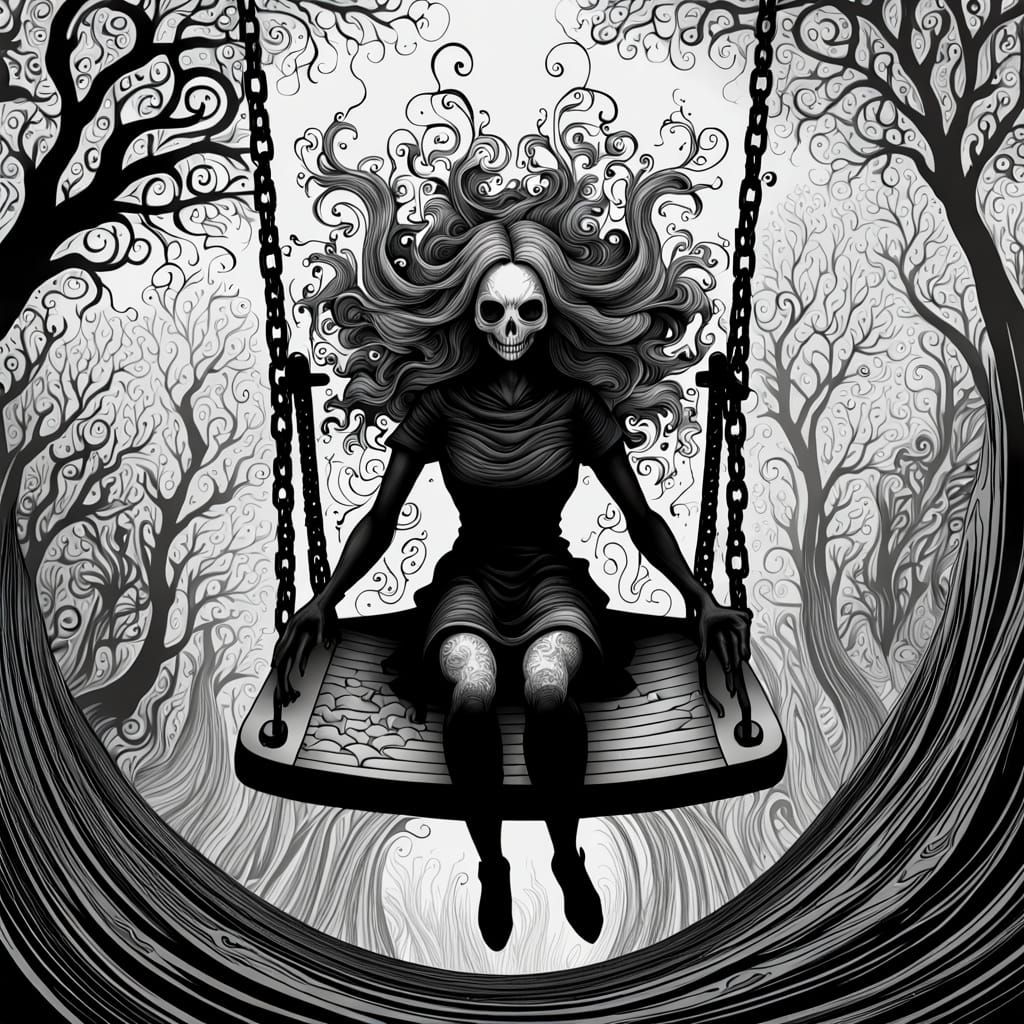 Gothic Smoke Girl Sits Among Dark Playground Horrors