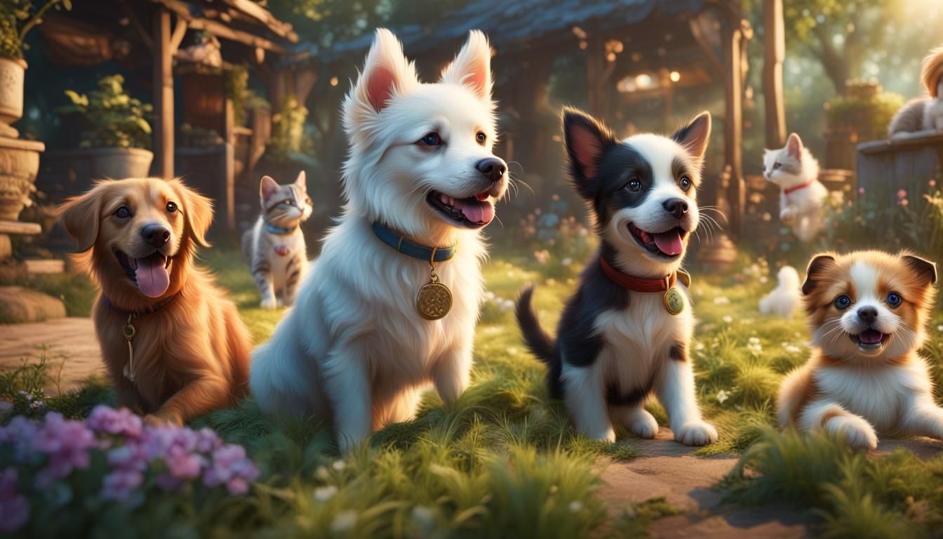 Dogs and Cats Playing in Summer: Fantasy Concept Art