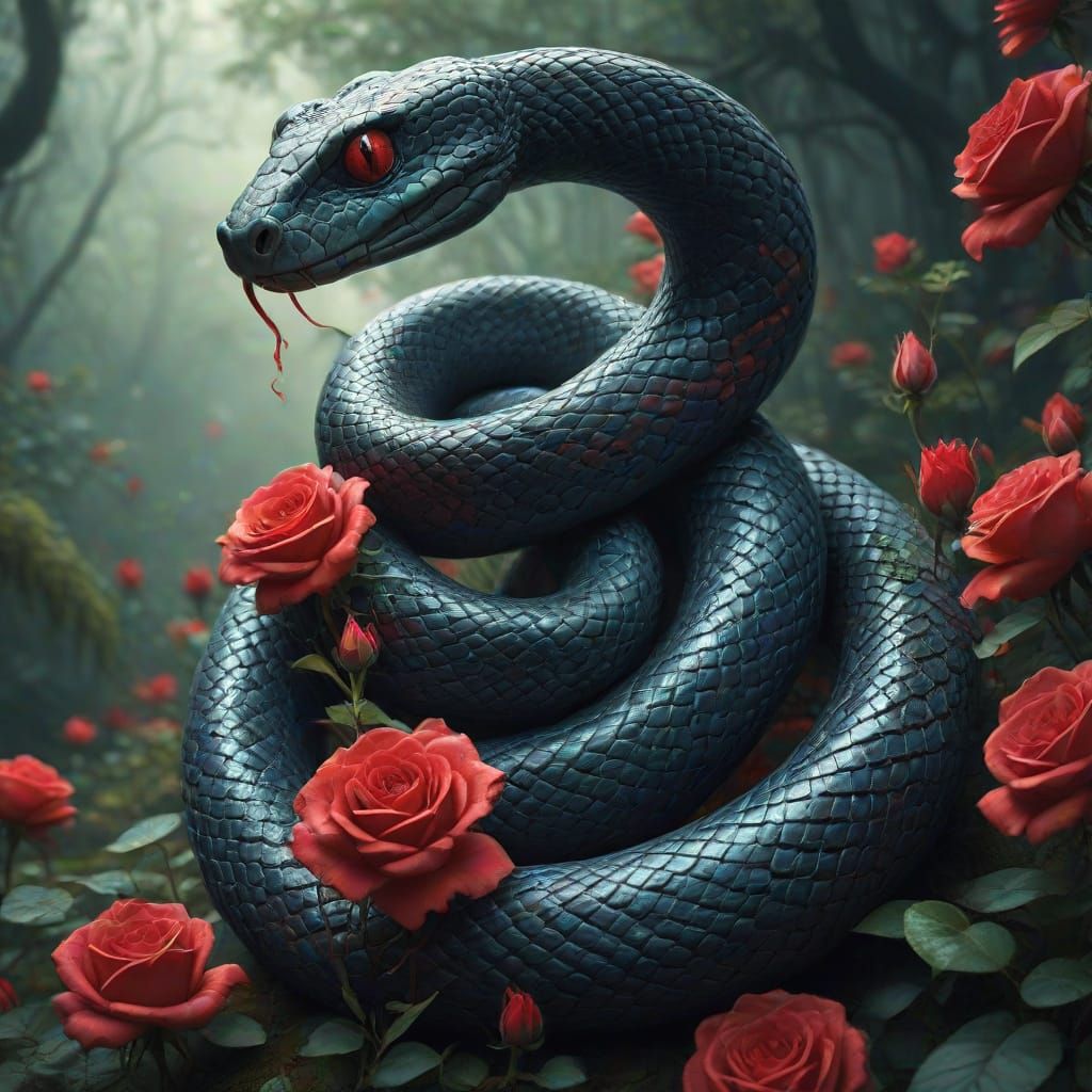 Fantasy Serpent With Red Roses In Ethereal Forest