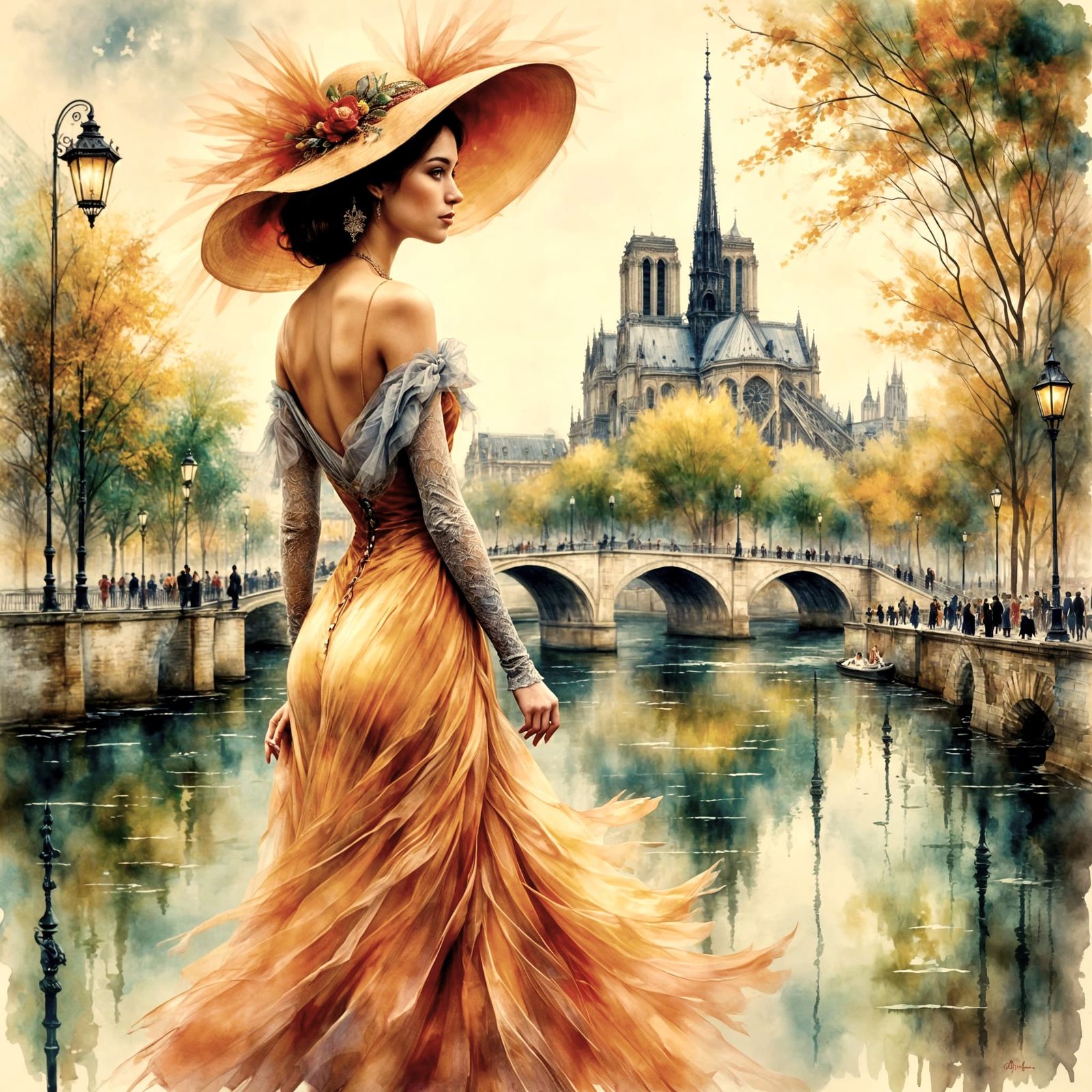 Elegant Woman on Paris Bridge in Antique Watercolor Style