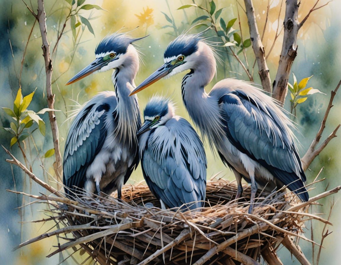 Watercolor Painting of Baby Blue Herons in Nest