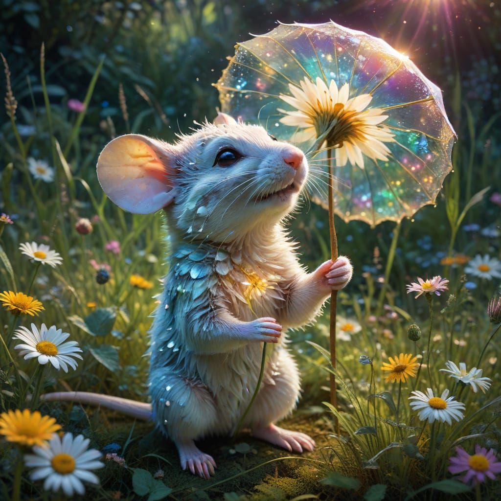 Whimsical Mouse Basks in Cosmic Sunlight with Vibrant Daisy ...