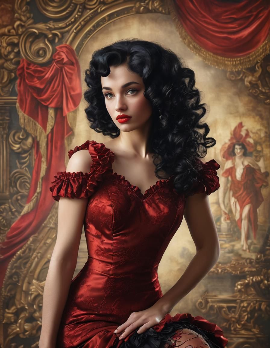 Burlesque Beauty in Red Dress, Paris Backdrop