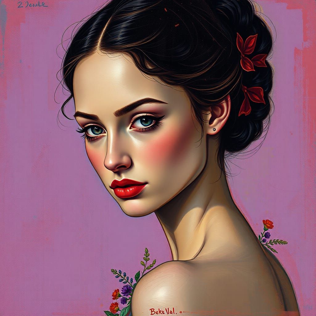 Woman in Dramatic Chiaroscuro, Inspired by Art Nouveau and E...