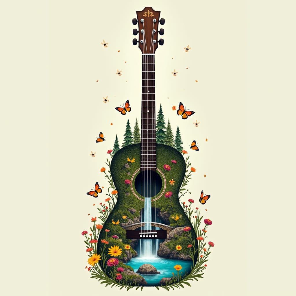 Surreal Guitar Design With Mountain Head and Waterfall