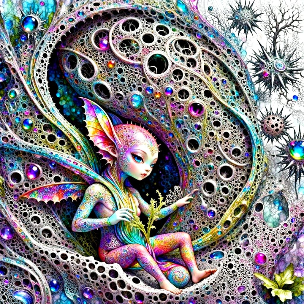 Ethereal Wool Doll Creature in Surreal Cliffside Landscape