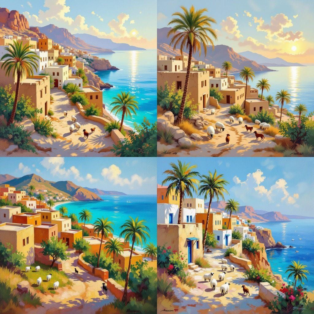 Arab Village by the Sea with Mud Houses and Palm Trees