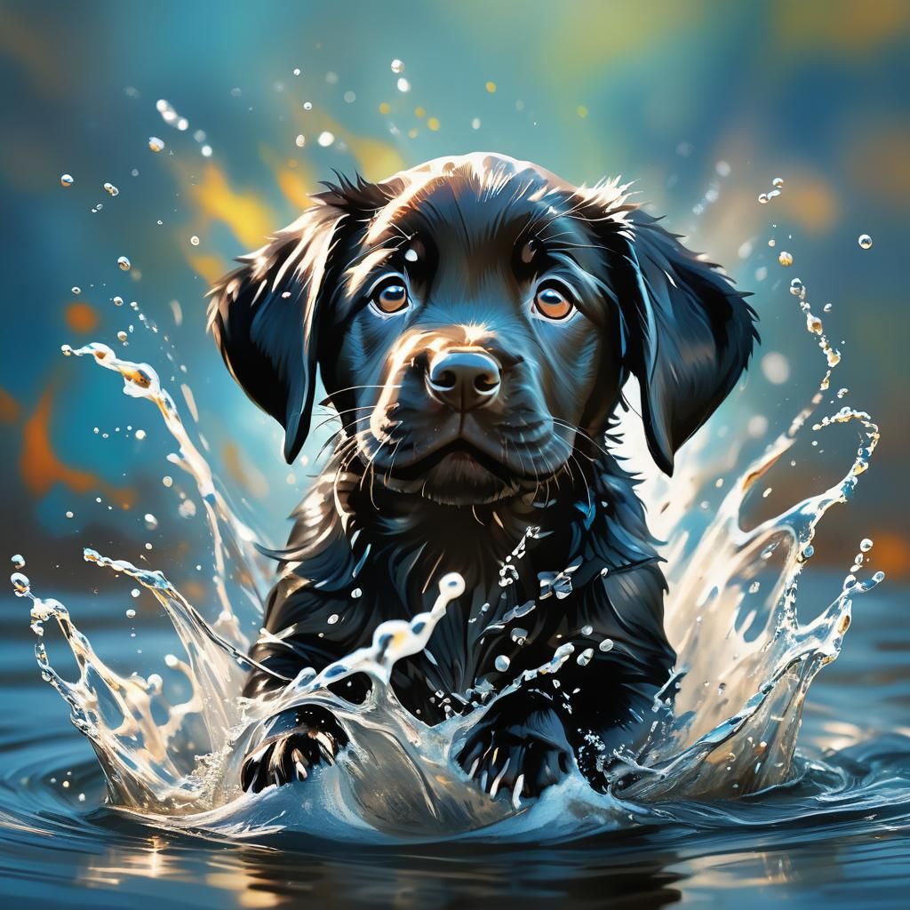 Hyperrealistic Black Lab Puppy Splash Art