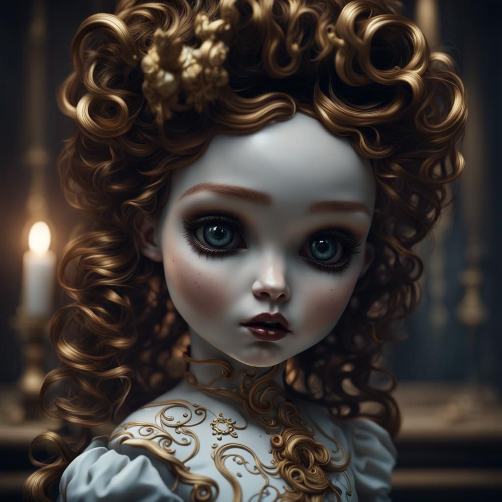 Unsettling Gothic Porcelain Doll with Golden Ringlets