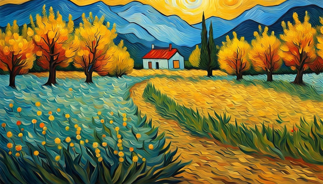 Lush Landscape Painting in Post-Impressionist Style