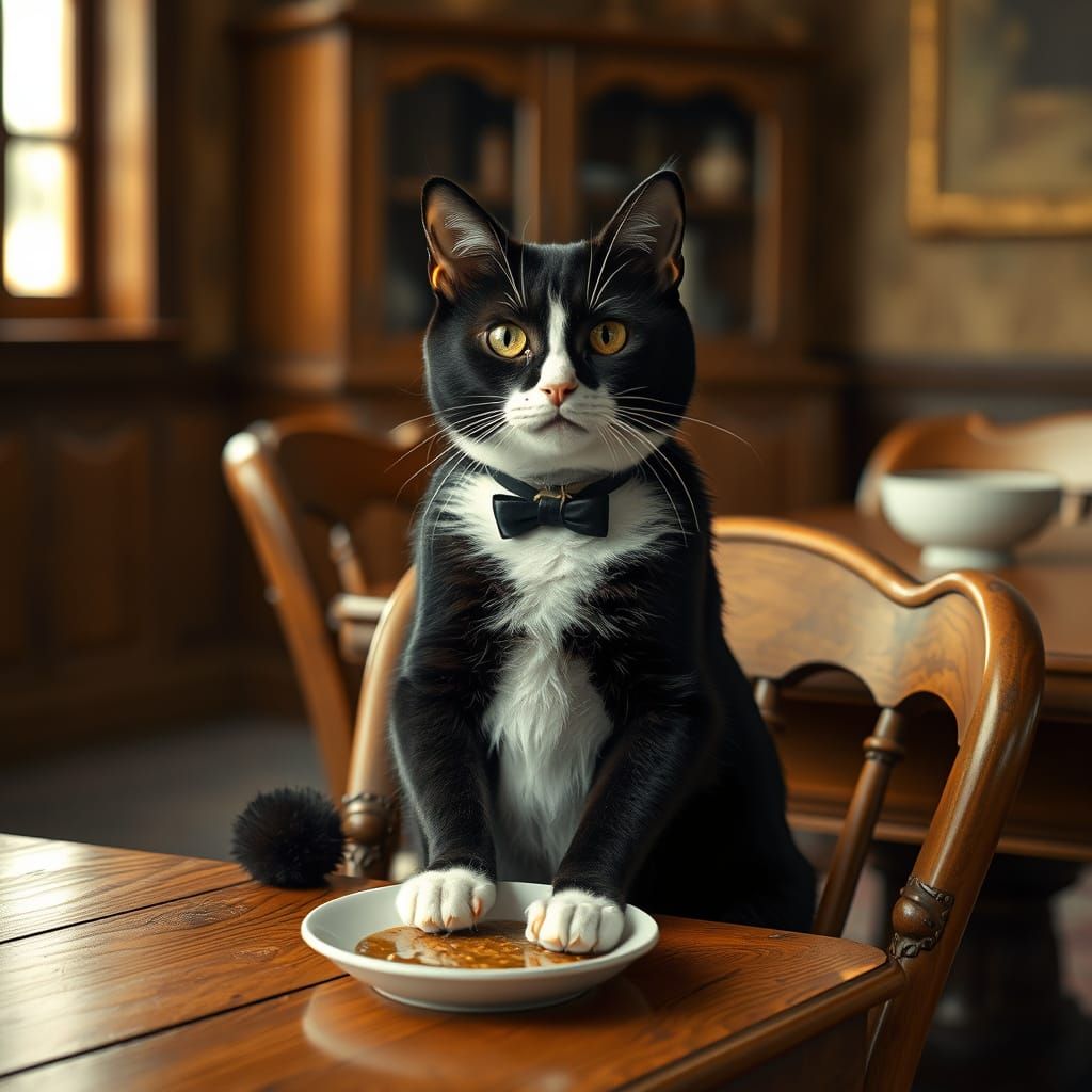 Tuxedo Cat Awaits Dinner in Beatrix Potter Style