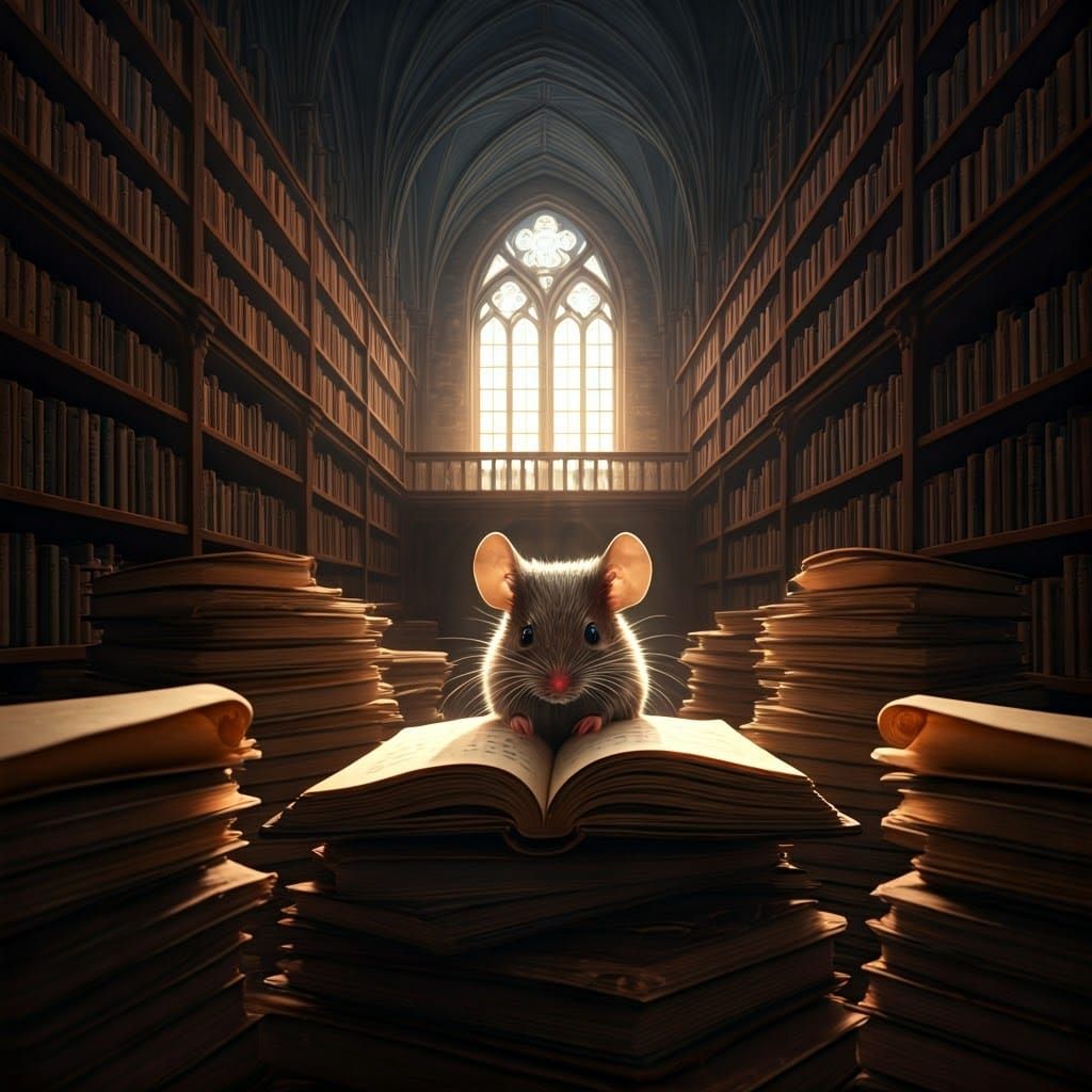 Mouse in Ancient Library, Lost in Musty Tomes