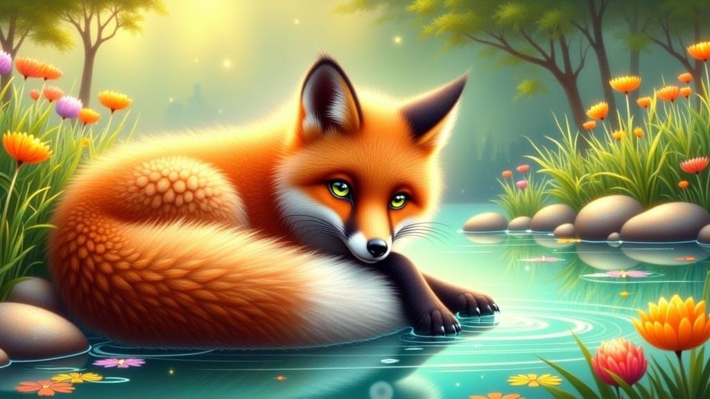 Fox Basking in Sunlight by Pond, Watercolor Style