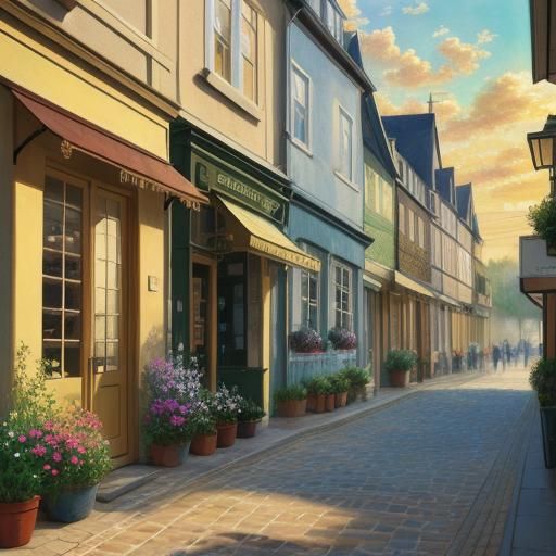 Charming English Shop in Impressionist Oil Painting