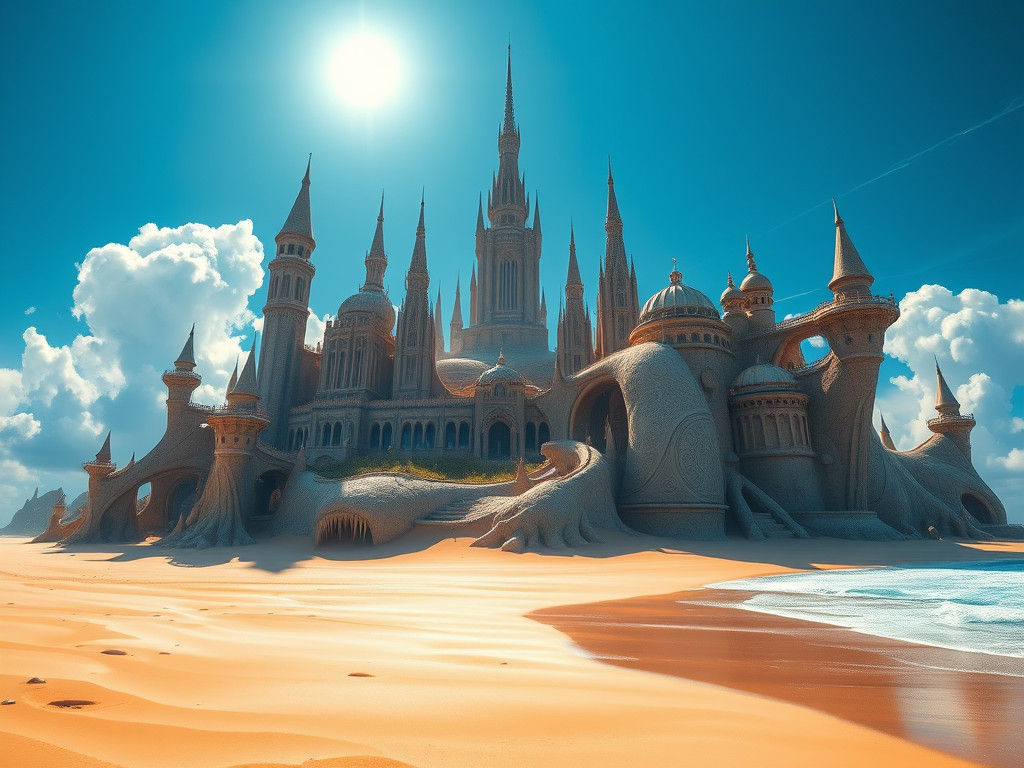 Surreal Cityscape Rising from a Sandy Beach