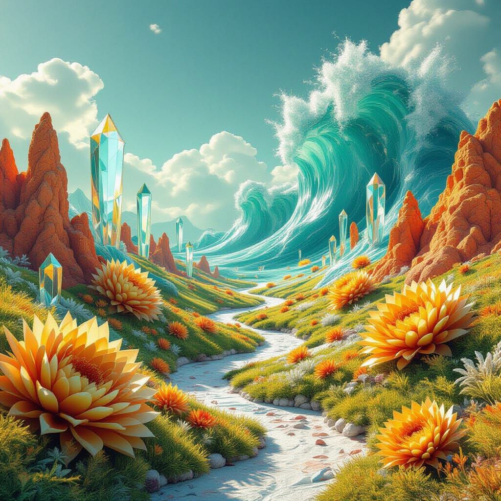 Surreal 3D Art: Unknown World in Green, Orange, Red, and Whi...