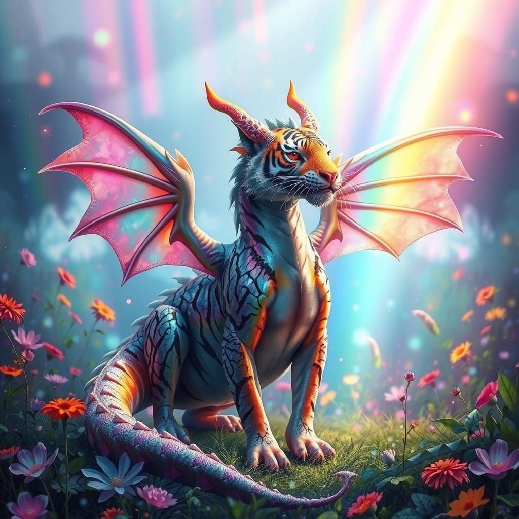 Majestic Fairy Dragon Tiger in Vibrant Rainforest with Prism...