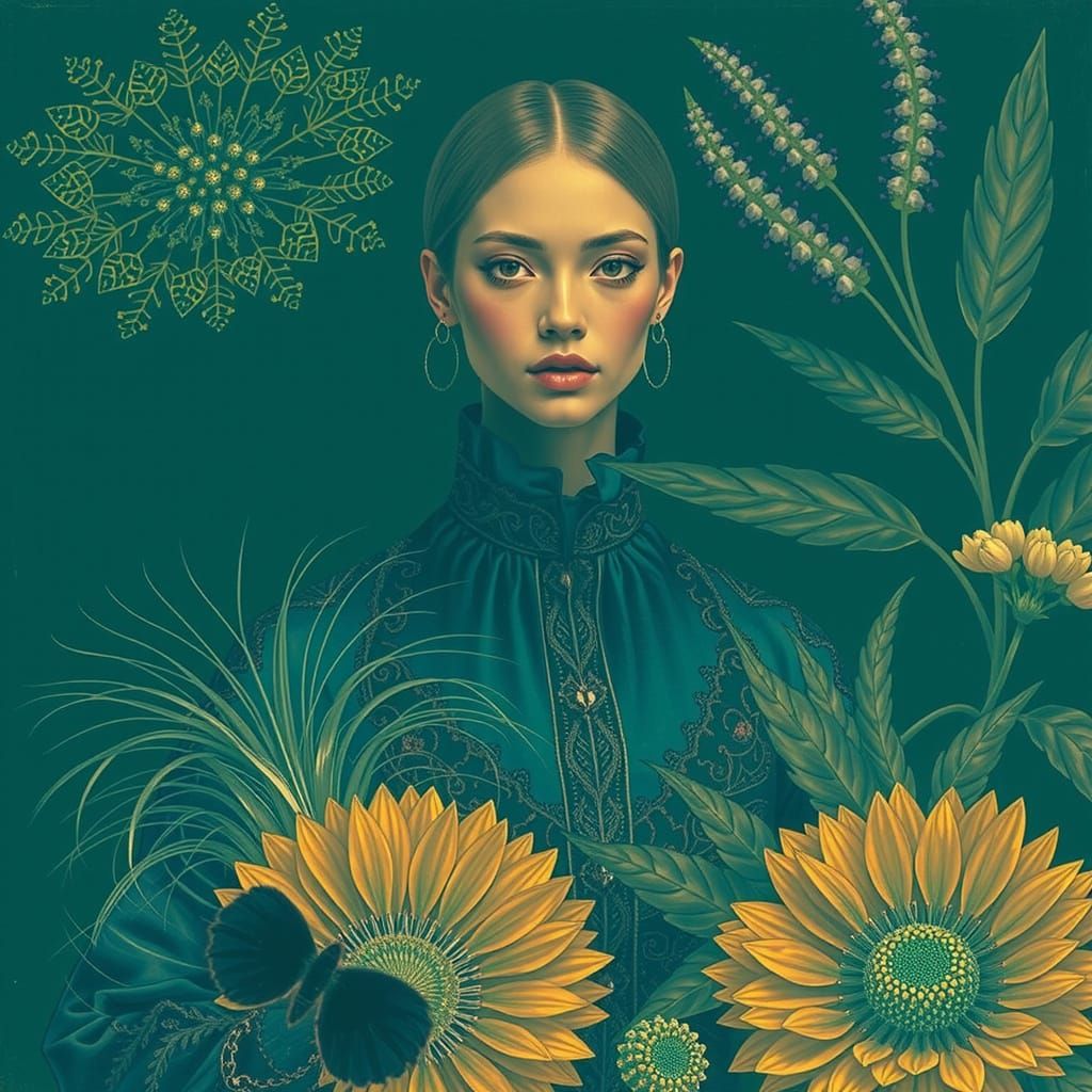 Intricate Gilded Botanic Patterns in Green and Teal