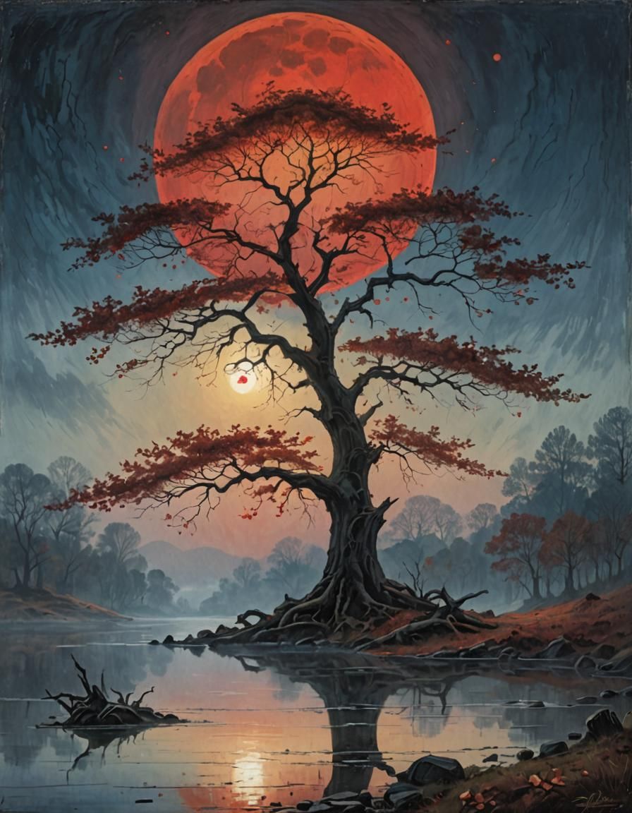 Majestic Tree with Red Moon in Romantic Landscape