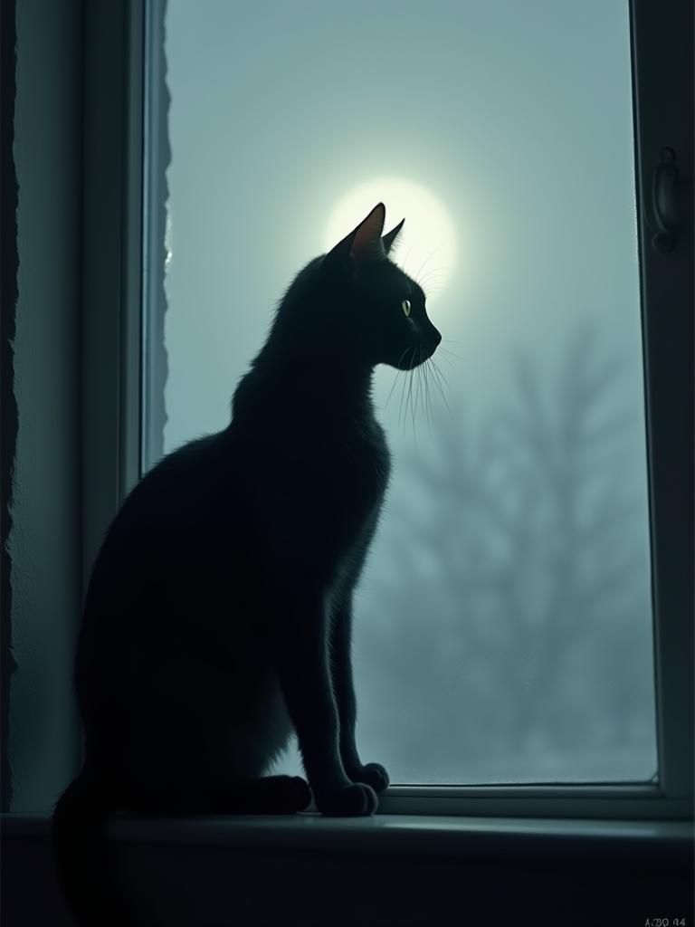 Mystical Black Cat Silhouette in Moonlit Night