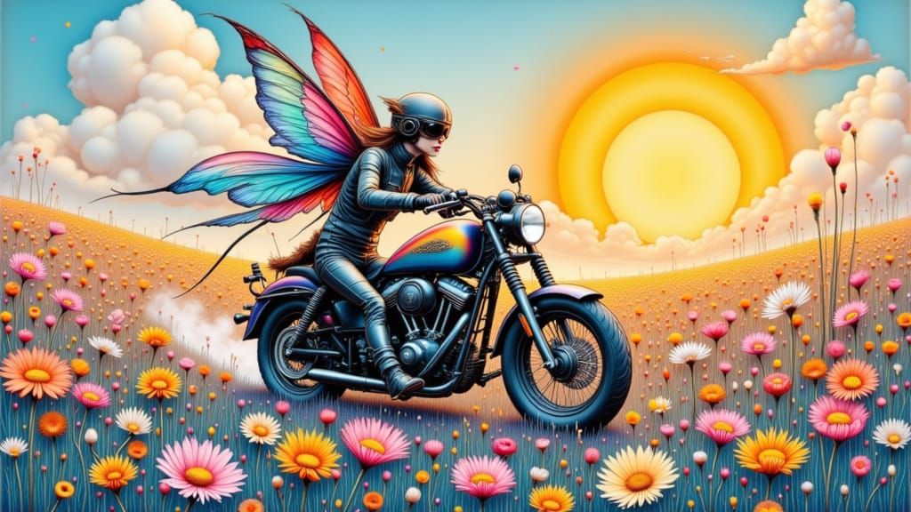 Steampunk Fairy Rides Motorcycle Through Flower Field