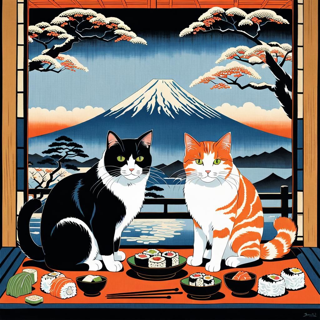 Cats Eating Sushi in Ukiyo-e Woodblock Print