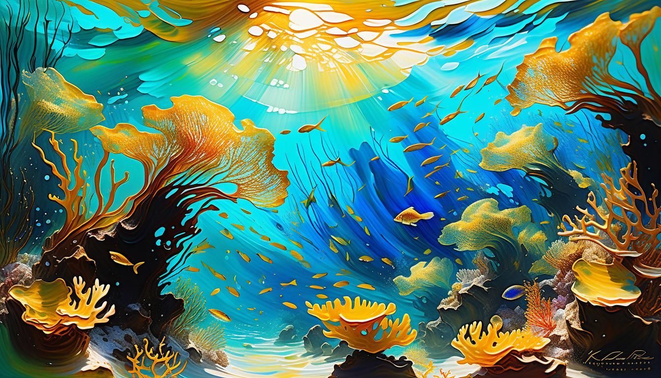 Enchanted Coral Reef: Impressionist Painting with Golden Lig...