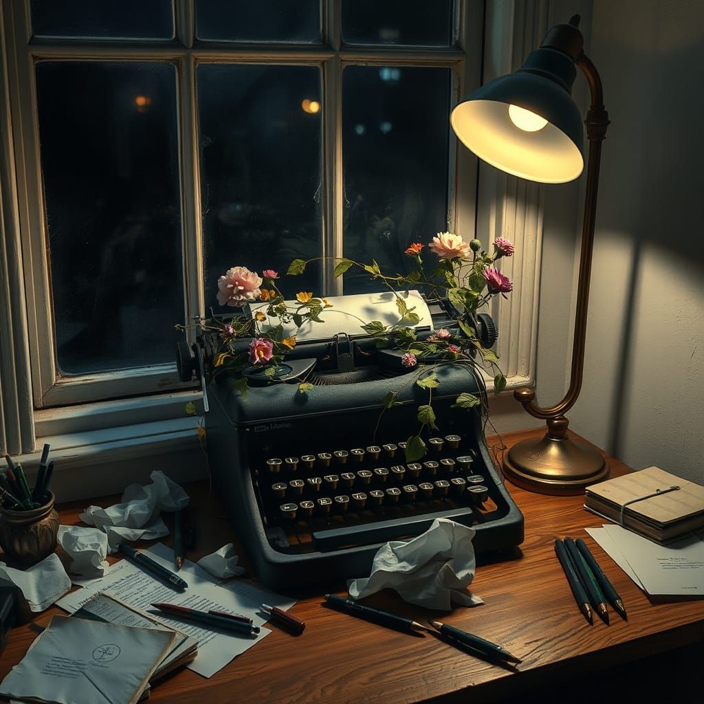 Vintage Typewriter with Flowers on Student's Desk