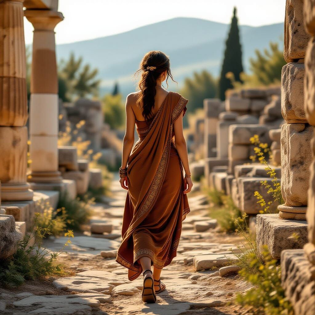 Macedonian Woman in Ancient Ruins: Golden Light