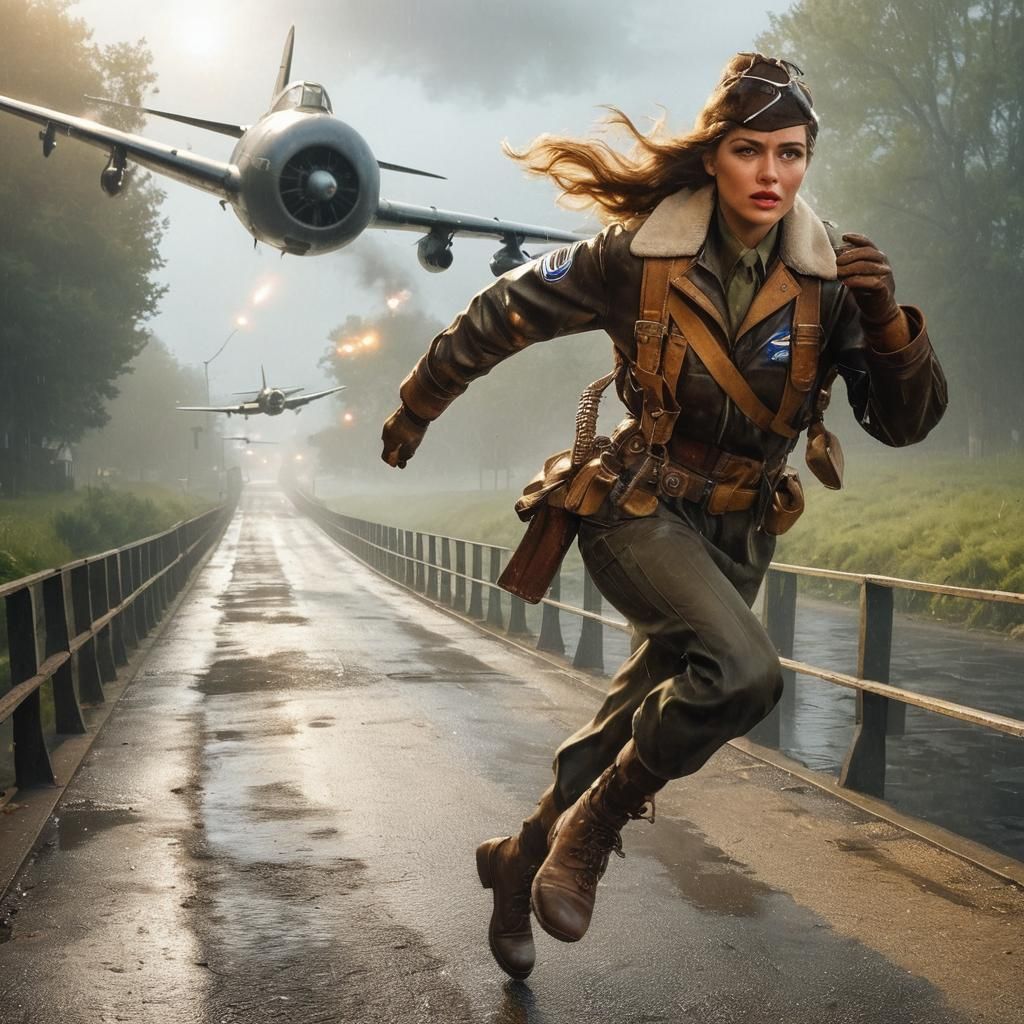 Film Noir WWII Pilot Running in Alleyway