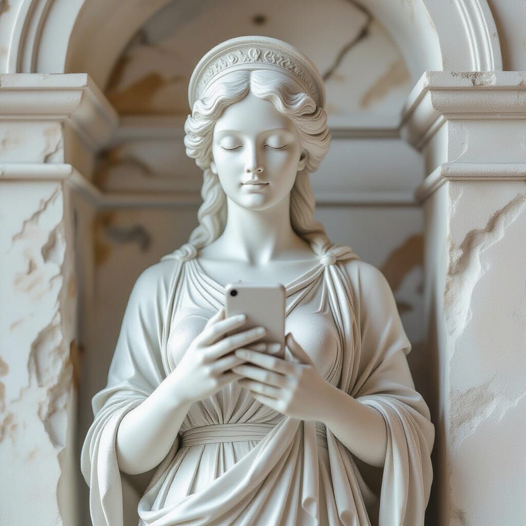 Ancient Statue of Woman Holding Smartphone in Painterly Styl...