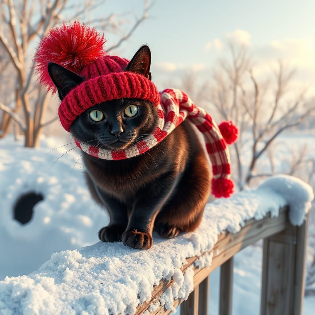 Winter Wonderland Black Cat in Festive Attire