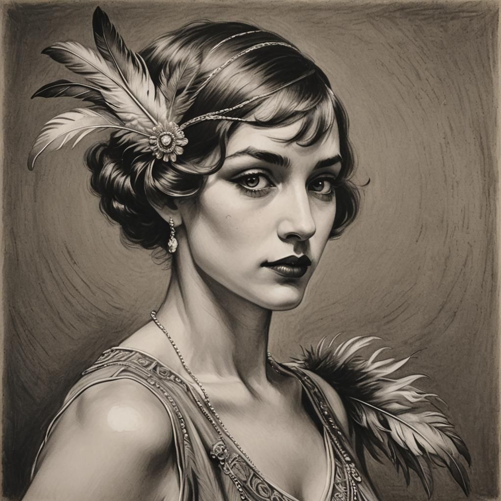 Flapper Girl Portrait in Charcoal Drawing Style