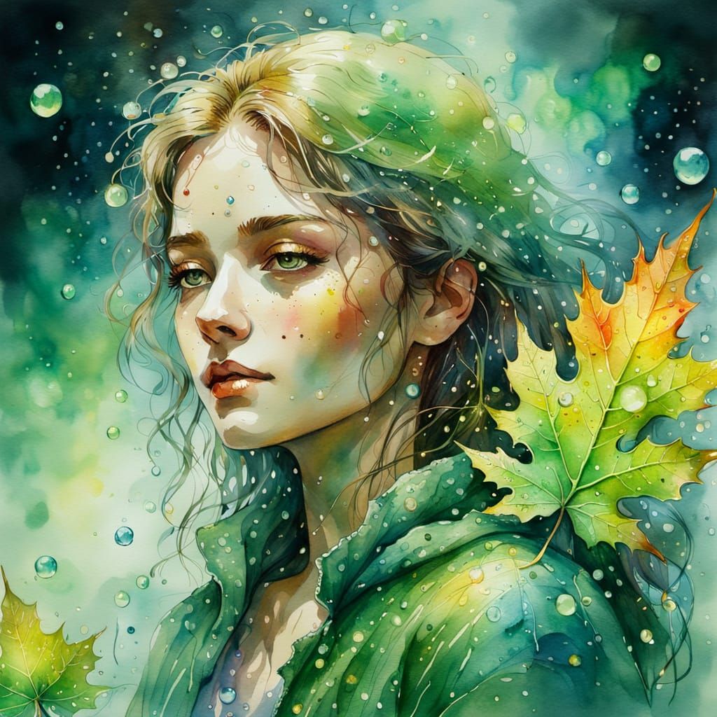 Ethereal Woman on Maple Leaf in Watercolor Fantasy