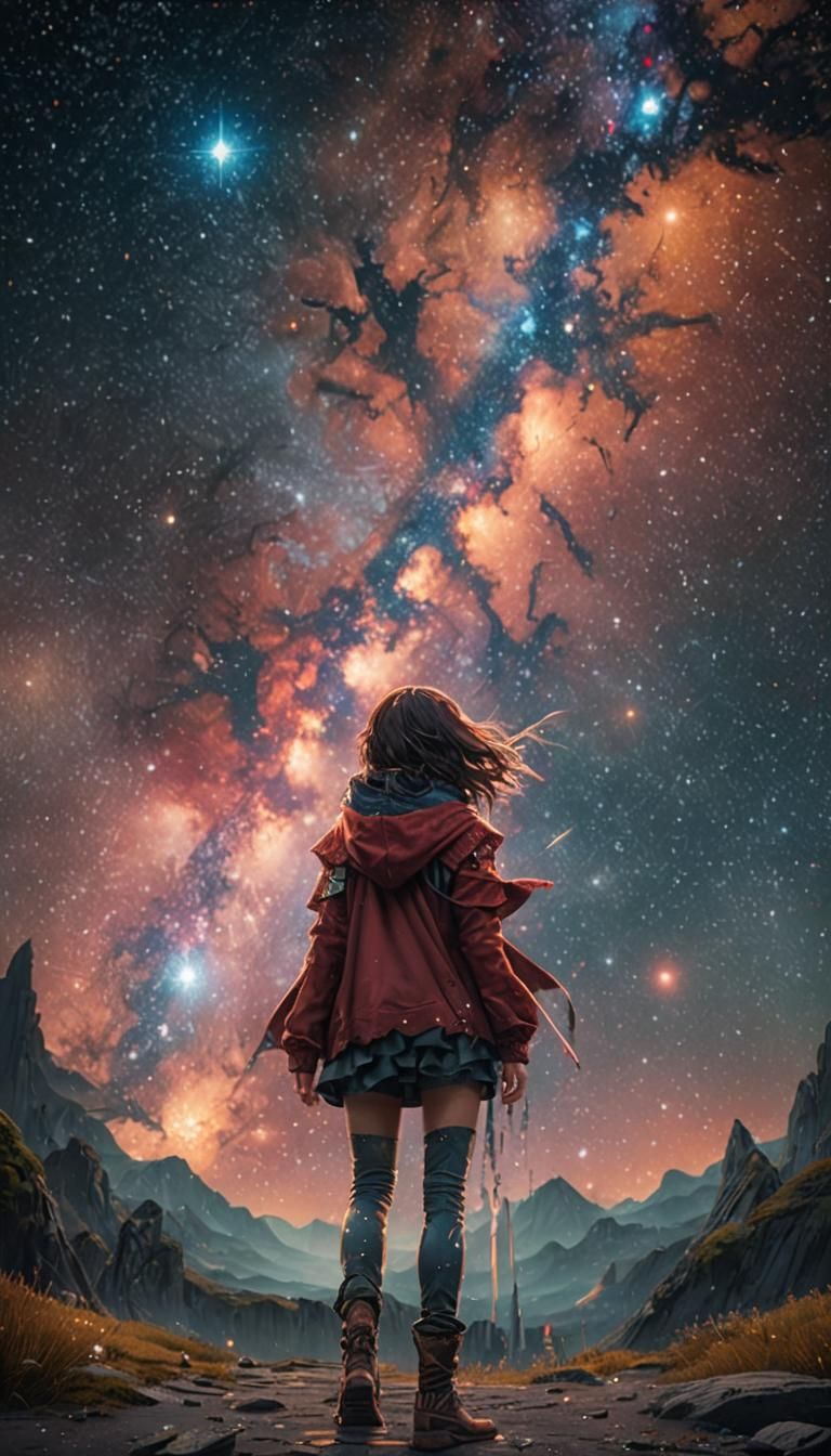 Girl Gazing at Starry Galaxy Sky