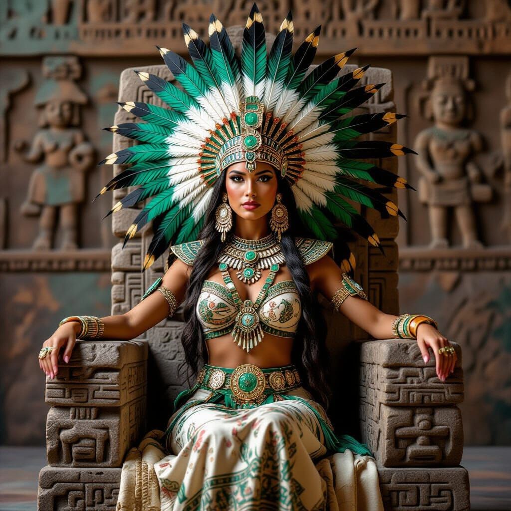 Aztec Princess on Stone Throne in Renaissance Style