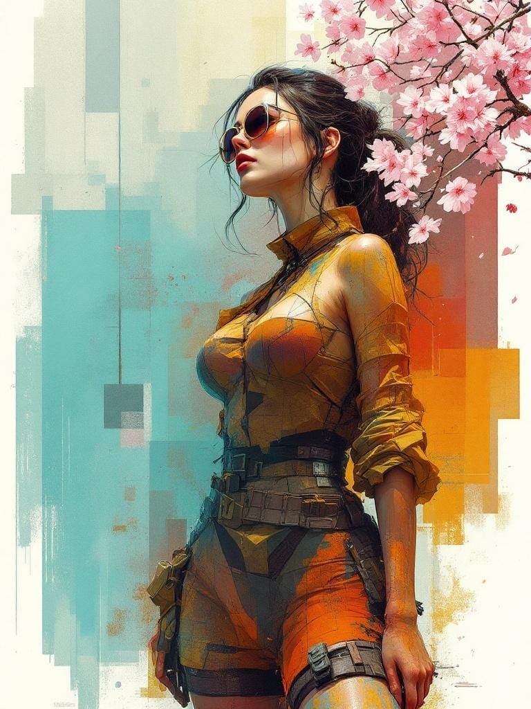 Abstract Pin-Up Figure in Retro Cherry Blossom Garden