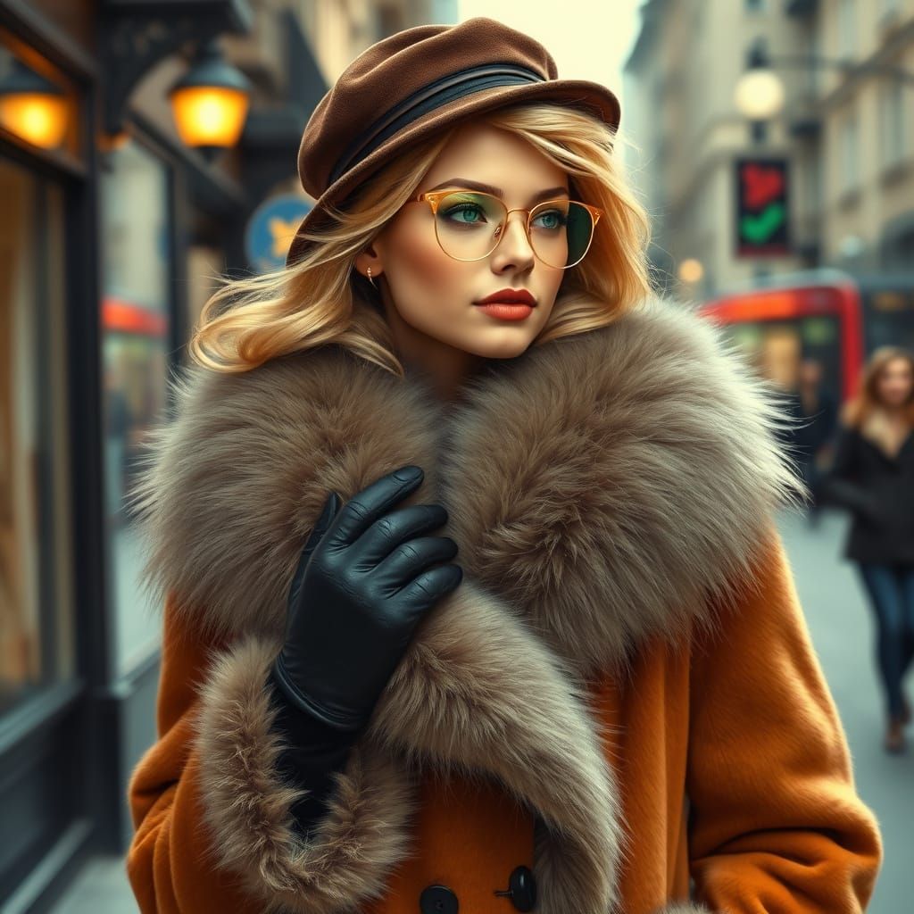 Elegant Lady in Luxurious Fur Coat Strolls Through City Stre...