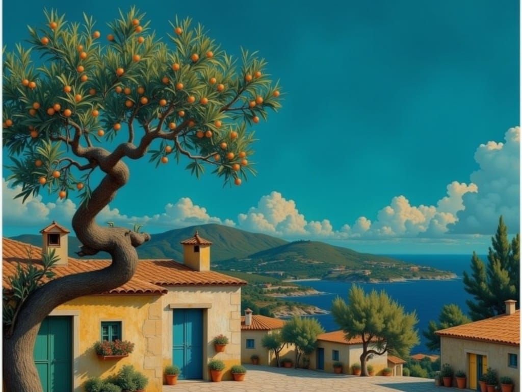 Greek Island Olive Tree in Impressionist Style