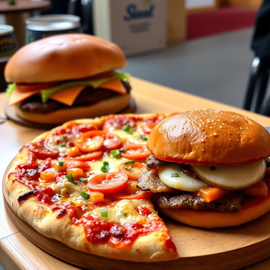 Pizza and Hamburger Whimsical Illustration