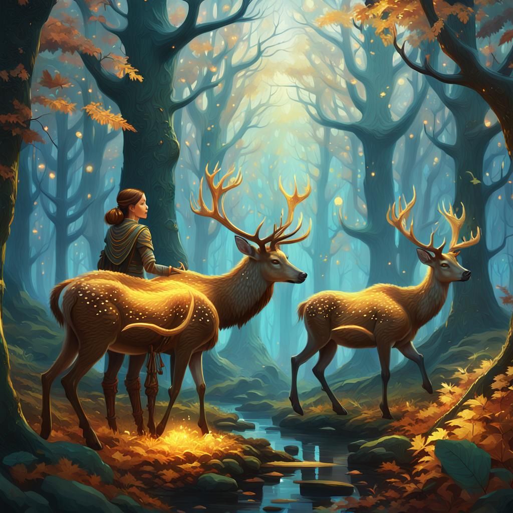 Heroic Women Hunt Deer in Mystical Forest