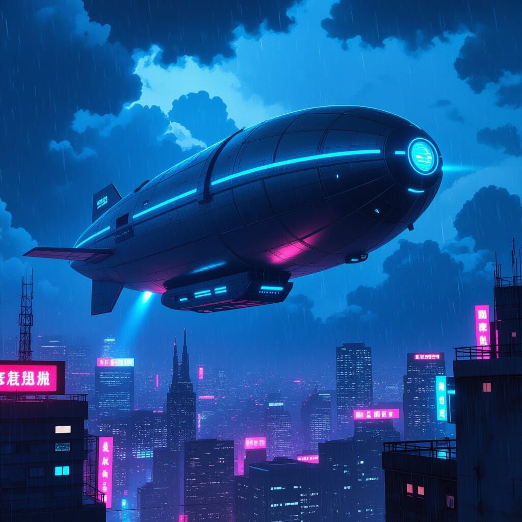Futuristic Airship Over Neon Cityscape, Cyberpunk Style