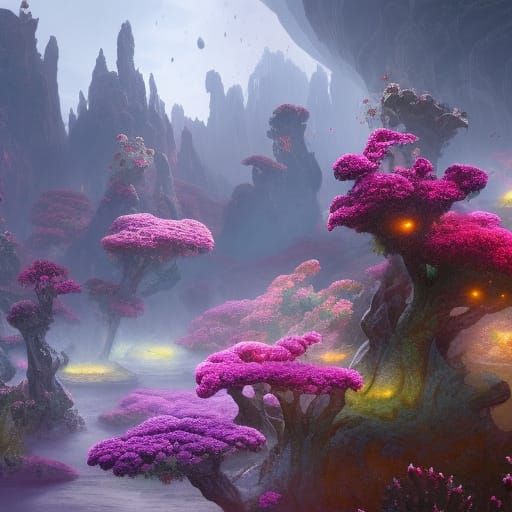 Fantastical Prototaxites Flowers in Detailed Matte Painting