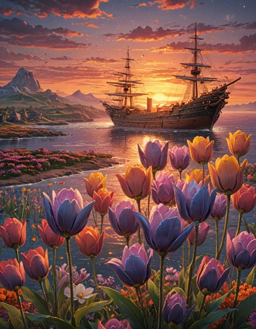 Seascape Sunset with Ship: Detailed Matte Painting