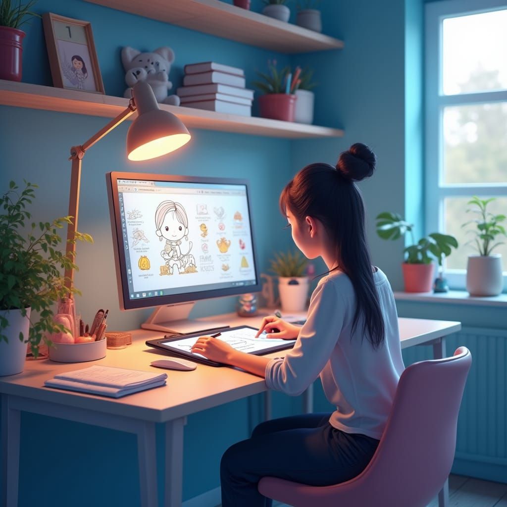 Designer Creating Children's Printables in Pastel Workspace