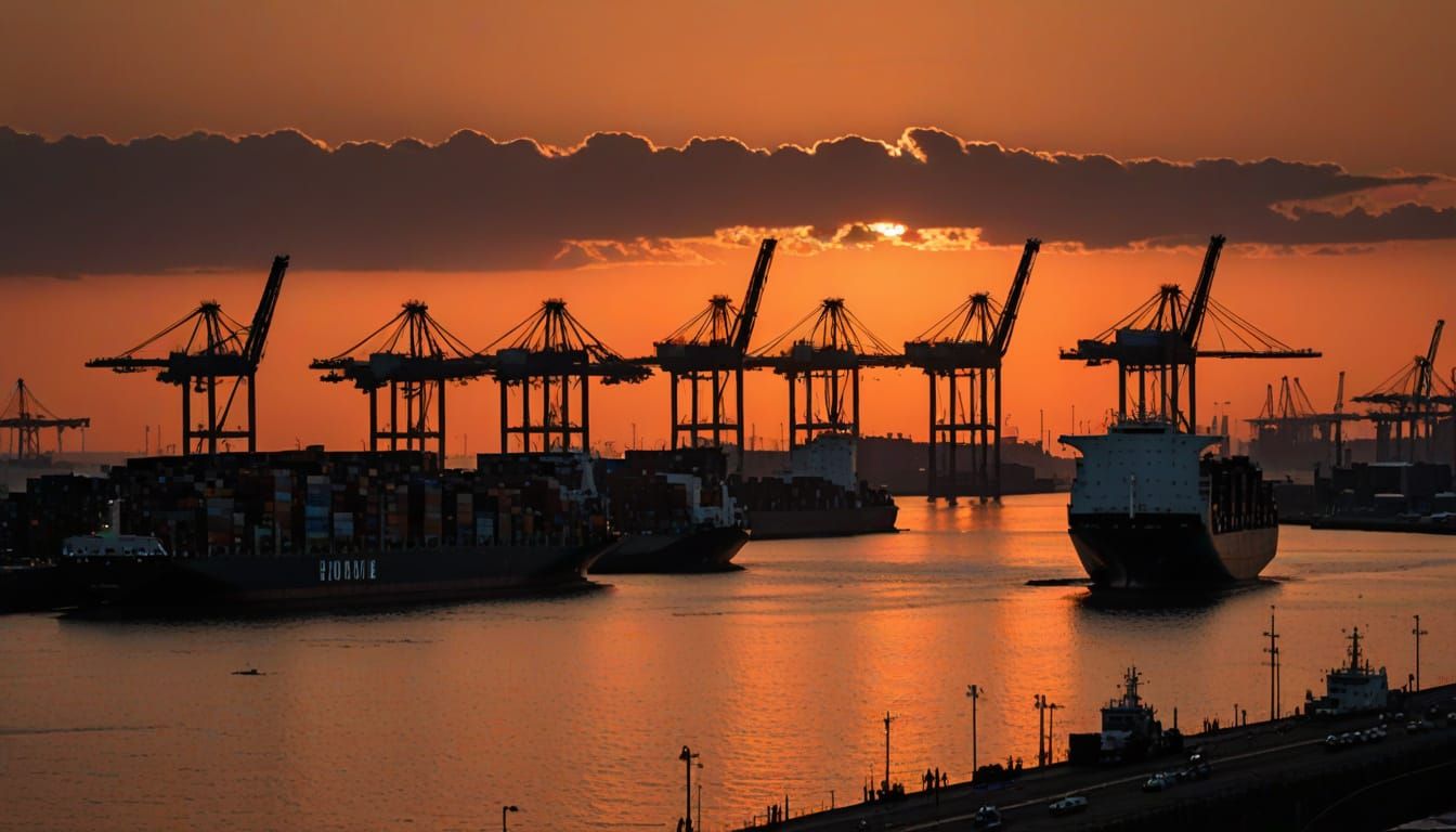 Port Silhouetted Against Somber Sunset