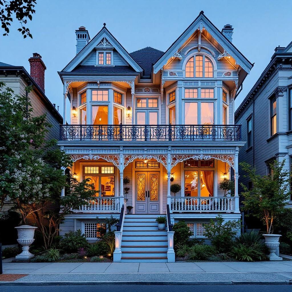 Narrow Victorian House with Mediterranean Plants