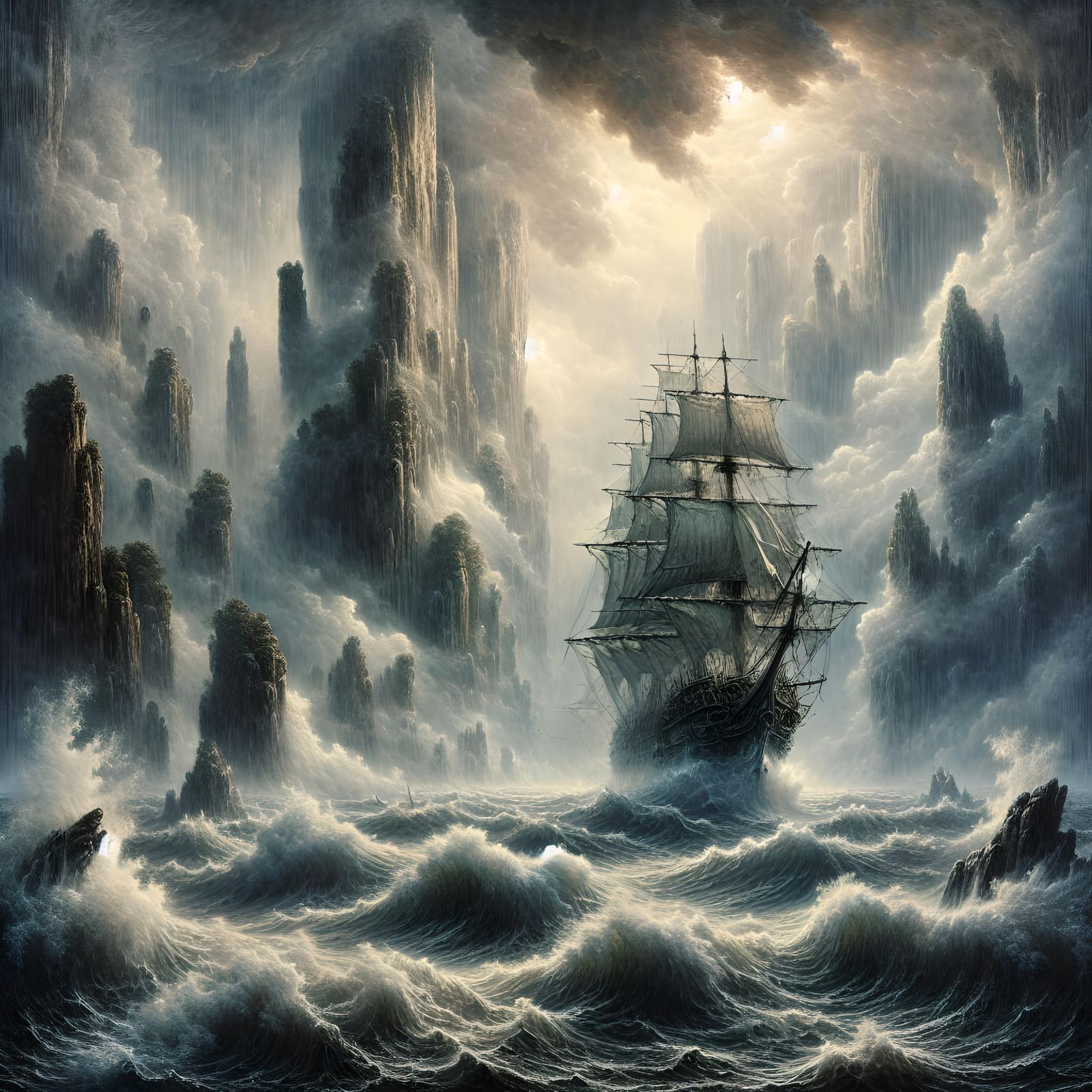 Sailing Ship Battles Stormy Seas in Romantic Style