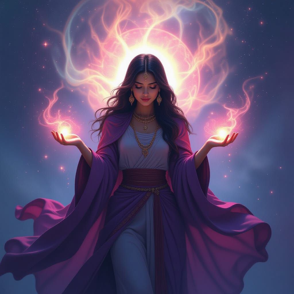 Mystical Woman Activating Healing Powers in Nebula